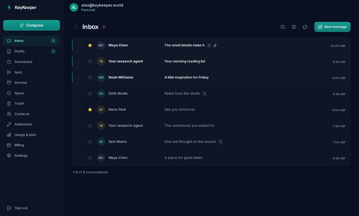 KeyKeeper’s dark inbox with compact conversations, stars and sidebar folders.